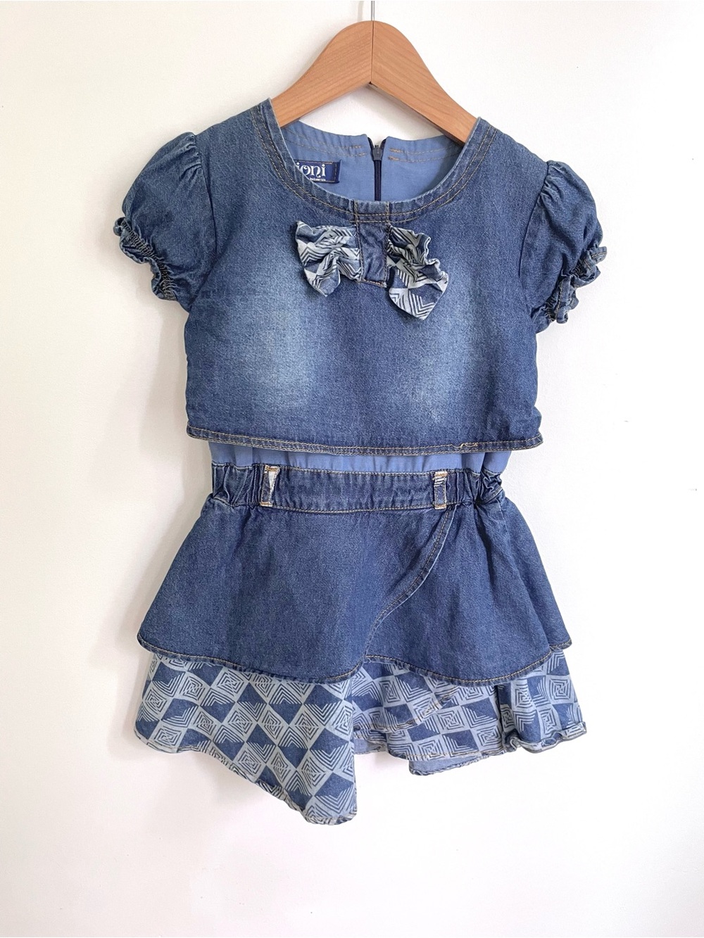 Unique Soft Chambray Layered Dress, Tiered Printed Denim Ruffle Skirt